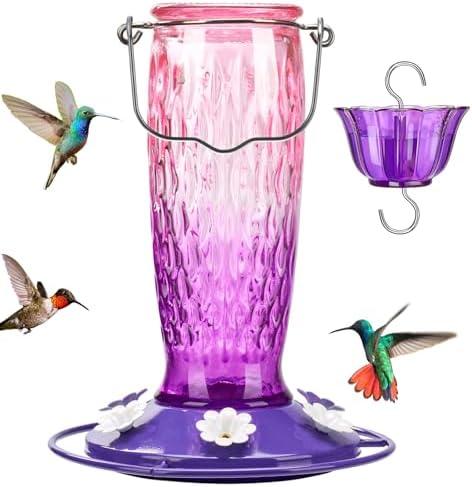 Kingsyard Hummingbird Feeders for Outdoors Hanging, 20 Ounce, Glass Hummingbird Feeder with Ant Moat & 6 Bee Guard Feeding Ports, Leak-Proof, Pink & Purple