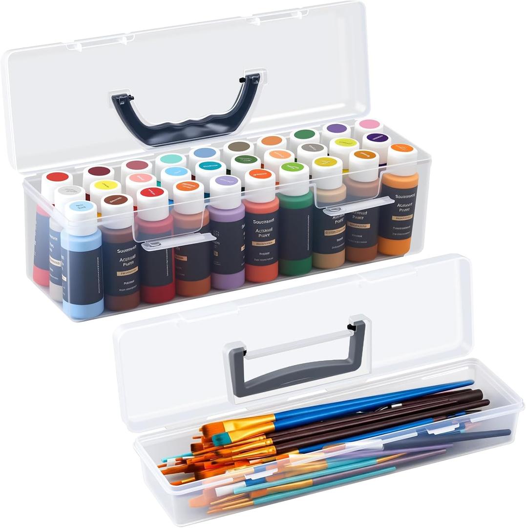 Geelin Clear Paint Storage Box and Paint Brush Storage Box Set, 30 Bottles Capacity Paints Organizer for 2 fl. oz Bottles, Portable Long Brush Holder Boxes, Craft Organizer
