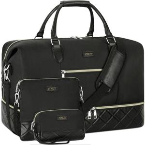 Weekender Bag for Women, Travel Duffel Bag Carry On Overnight Bag with Shoe Compartment Large Nylon Travel Weekend Tote Bag (6-Black)