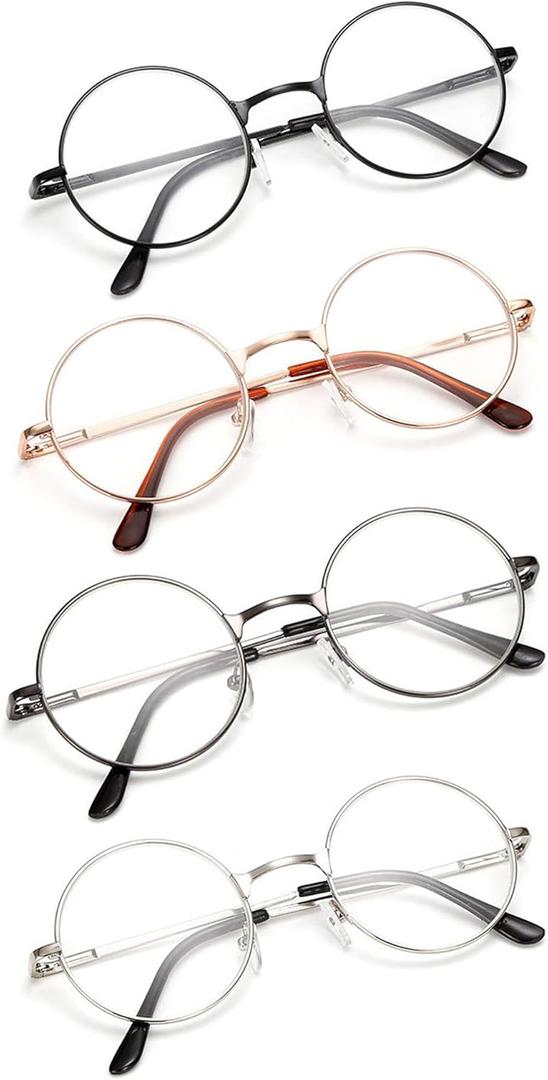 4 Pack Reading Glasses for Women Men Retro Round Metal Frame + Glasses Strap, +2.50