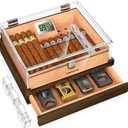 VALLUME Cigar Humidor, Acrylic Humidor with Wooden Drawer Base, Compact Desktop Humidor, Features Gel-Controlled Sliding Cigar Humidifier, Cedar Wood Tray, Ideal Gift for Men (Small size)