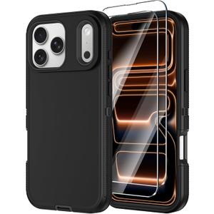 Annymall for iPhone 17 Pro Max Case with Screen Protector, Heavy Duty 3-Layer Drop Protection, Military Grade Shock-Absorbing Rugged Bumper Phone Cases Cover for Apple 17 ProMax 6.9" (Black)