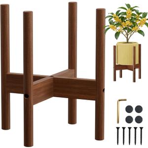 ALIGADO Bamboo Plant Stand Indoor, for Up to 10 Inch Pots, Built to Fit Corners, Sturdy & Stable Design, Walnut Finish