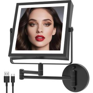 Rechargeable Wall Mounted Makeup Mirror with Lights, 4000mAh Double Sided 1X/10X Magnifying Vanity Mirror with 3 Color Lights, Touch Dimmable, 360 Extension Foldable Arm (Matte Black)