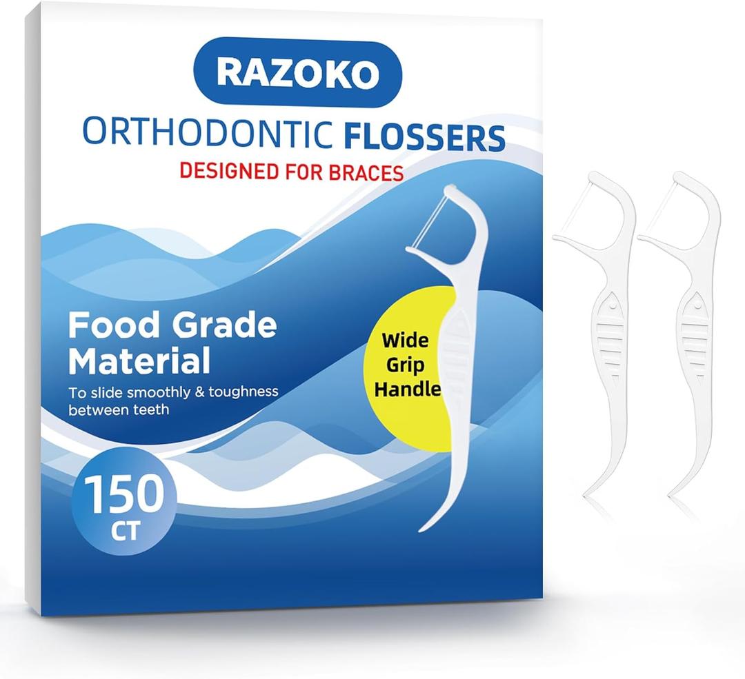 RAZOKO Orthodontic Flossers for Braces, Ortho Dental Floss Picks, Braces Flossers for Kids Teeth & Adults, Unflavored, 150 Count (Pack of 2)