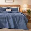 Love's cabin Queen Size Cotton Quilt Set, 100% Cotton Fabric Striped Textured Coverlet with Crinkled Look, Lightweight Quilted Bedspread for All Season, Includes 2 Pillow Shams, Bluish Grey | Lightweight, Queen(90"x96"）