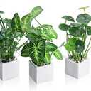 MyGift Set of 3 Artificial Plants, Faux Potted Plants Indoor, Small Fake House Plant in White Square Ceramic Pots for Shelf Decor