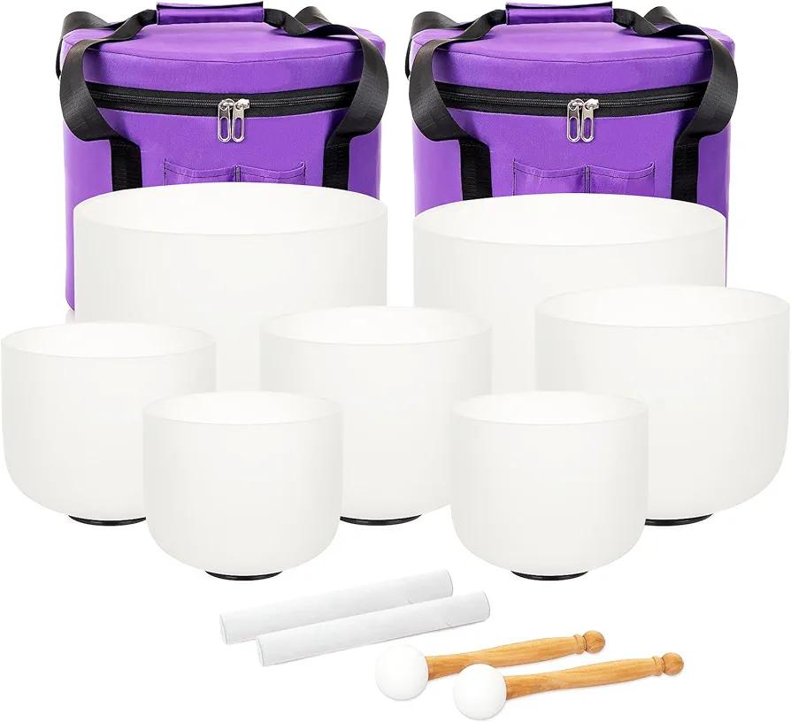 7-12 inch 432HZ Crystal Singing Bowls Chakra Set of 7 Meditation Bowl Frosted Healing Quartz Sound Singing Bowls with 2 Travel Carry Case Bag 2 Mallet Suede 2 Strikers 7 O-rings