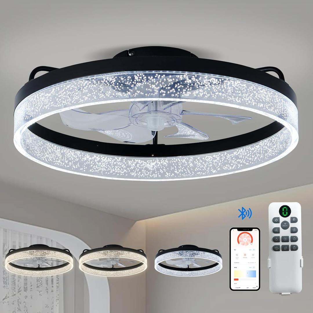 Modern Ceiling Fans with Lights and Remote,20" Low Profile Ceiling Fan with Light,7 Blades Flush Mount Ceiling Fan with Lights,6 Speeds, Reversible,3000k-6500k Dimmable LED (Black)