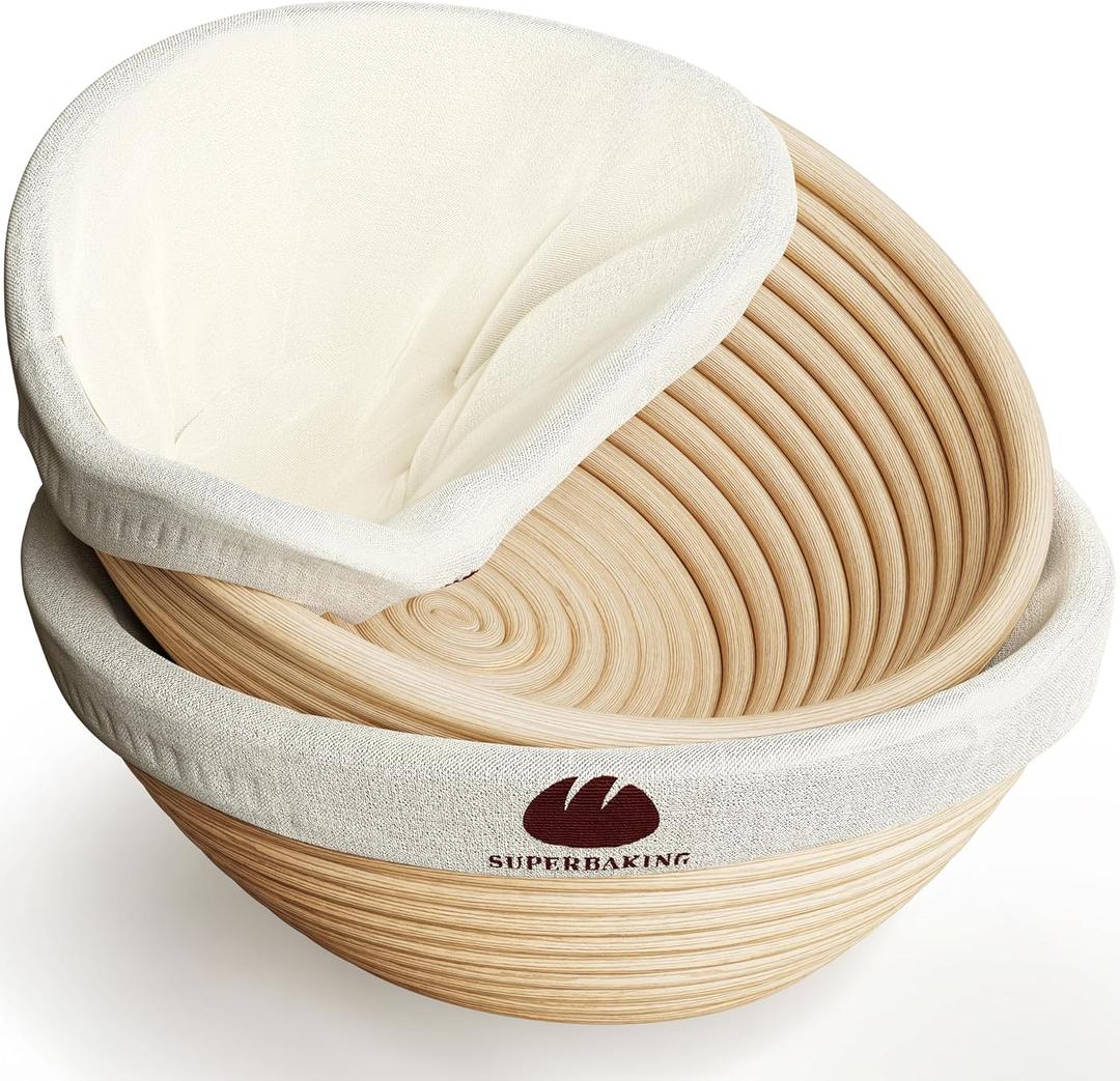 Superbaking 2 pcs Banneton Bread Proofing Basket, 9" Splinter-Free Round Rattan Bread Basket with Liners, Sourdough Starter Kit, Sourdough Bread Baking Supplies & Sourdough Kit, Bread Making Tools