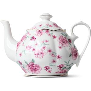 BTaT- Floral Tea Pot with Gift Box, 38 oz, White with Pink Roses & Gold Trim, Porcelain Teapot Ceramic, Dishwasher Safe
