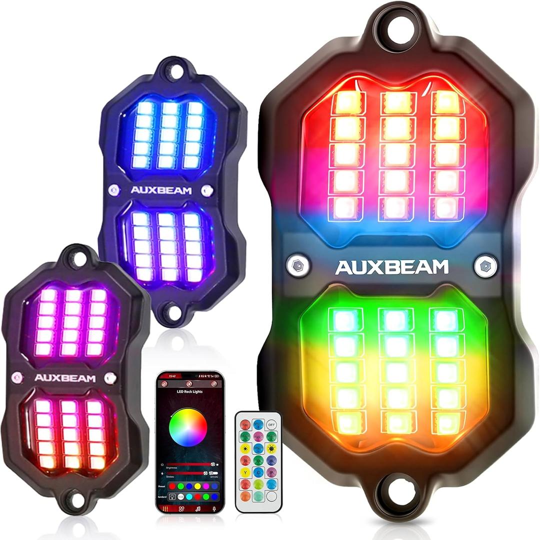 Auxbeam 2 Pods RGB Rock Lights with Brake Mode LED Dynamic Color Changing Underglow Kit w/Bluetooth APP&Remote Control Music Voice Sync Waterproof for Trucks ATV Car  (NO Controller)