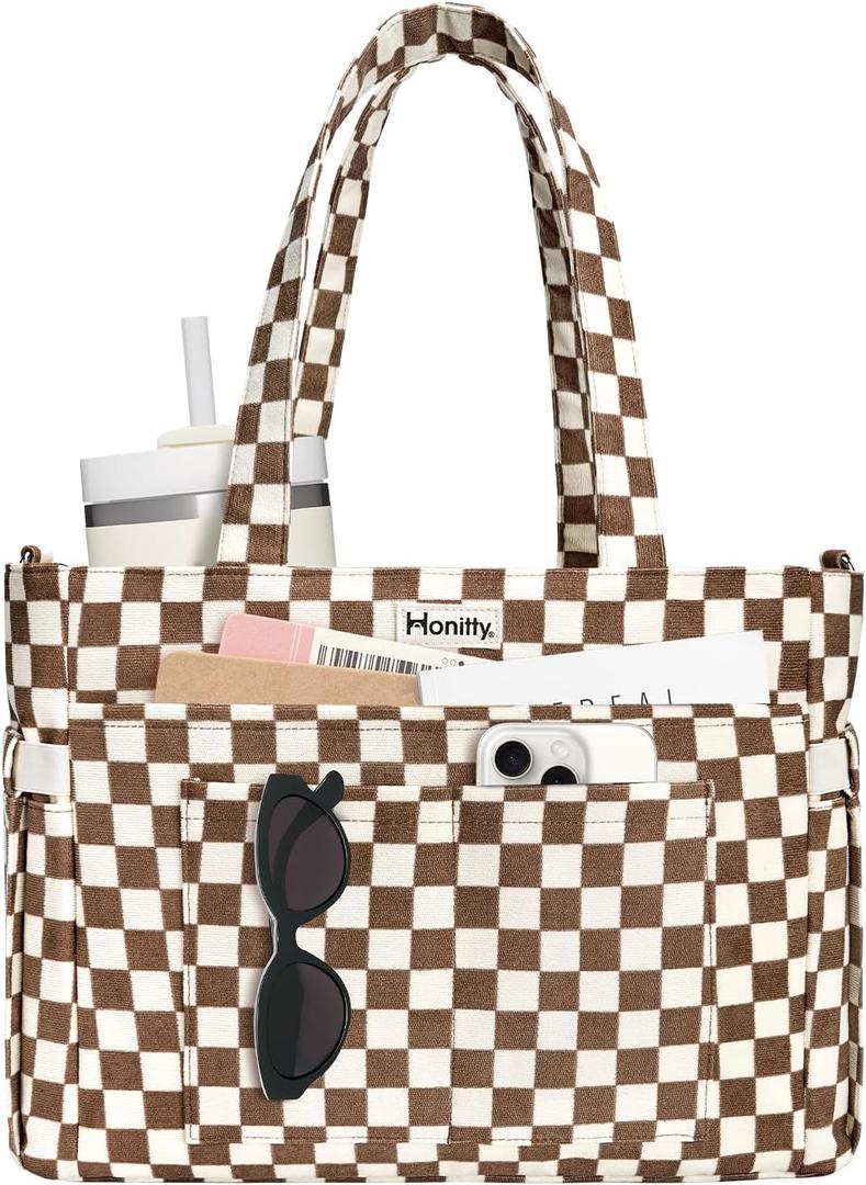 honitty Tote Bag for Women, Corduroy Shoulder Bag, Large Capacity Laptop Work Crossbody Handbag with Cup Pocket, Brown and White