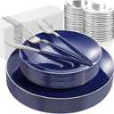 KIRE 175Pcs Blue Plastic Plates with Silver Rim & Disposable Silverware with Blue Handle & Silver-rim Cups & Hand Napkin & Plastic Dinnerware for Parties/Wedding