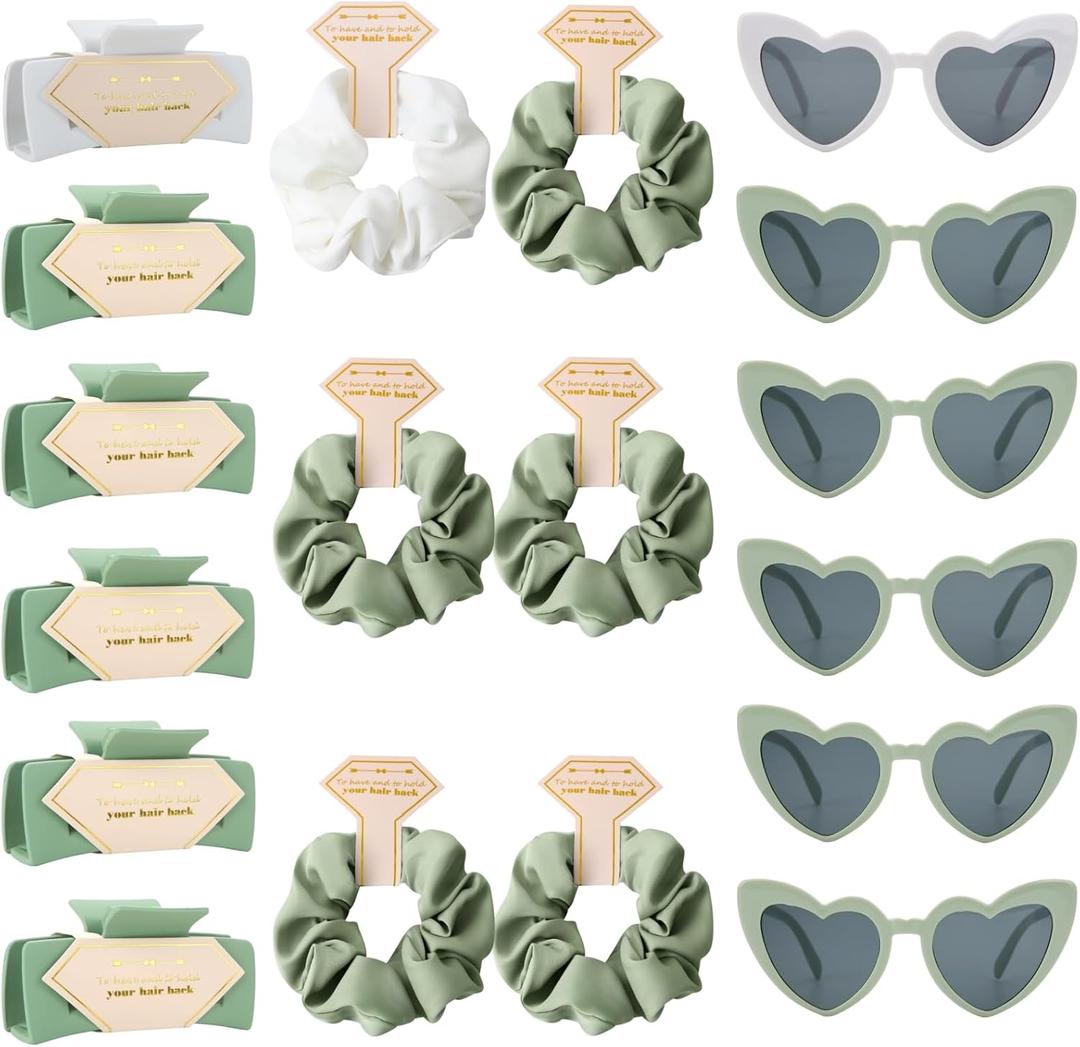 Bridesmaid Scrunchies Proposal Gifts Bachelorette Hair Claws Clips women heart sunglasses for Wedding Party Favors (White&Green 18sets)