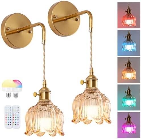 JERANDO Vintage Battery Operated Wall Sconce Set of 2, Amber Glass Lampshade Wireless Rechargeable Battery Powered Wall Light, RGB Wall Sconce Fixtures for Bedroom, Living Room