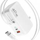 Retractable USB C Charger Wall Plug with 35.5in/90cm Type C Cables Cords,40W Fast Charging Foldable Block Multi Charger for All Devices for iPhone 17/16/15/14/13/12,iPad,Galaxy,Pixel (White)