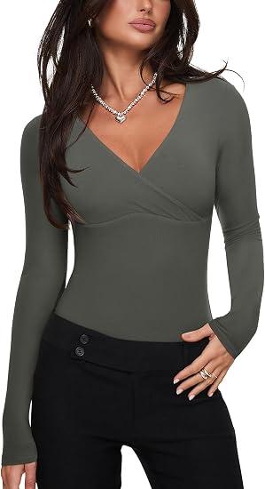 REORIA Women's Long Sleeve Cross Wrap Ruched Bodysuit Sexy Deep V Neck Slim Fit Body Suit Concert Tops Thyme X-Large