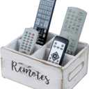 MyGift Wood Remote Control Holder Organizer with 4 Compartments, Media Remote Caddy Storage with Cursive REMOTES Design, Whitewashed