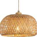 Bamboo Pendant Light Fixture One-Light Adjustable Boho Basket Handmade Woven Pendant Lighting for Kitchen Island Sink Farmhouse Dining Room