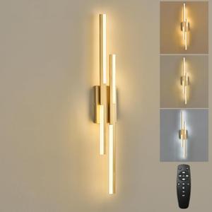 Benkut Modern LED Wall Sconce Gold Remote Wall Light Fixtures for Bathroom, Dimmable Vanity Light Indoor LED Remote Wall Sconce for Living Dining Room Bedside Bedroom (3000-6500K 35.4inch), 35.4 IN-1 Pack