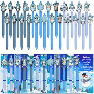 LiYiQ 48 Pcs Winter Gifts Cartoon Cute Fun Ballpoint Pens with Bookmark Kawaii Snowmen Penguins Cats Snowflakes and Polar Bears Shape Funny Pens Bulk for School Office Home Student Kids Present