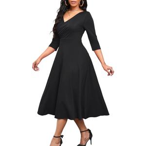 Nmoder Women's Casual Wrap Flared Midi Dress Wedding Guest Cocktail Tea Dresses A-Line Swing V-Neck 3/4 Sleeve XL