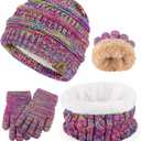 3 Pcs Kids Winter Hat Scarf Gloves Set Boys Girls Thick Warm Beanie Hat Knitted Neck Warmer Fleece Lined Gloves (2-6 Years, Purple Red Mix)