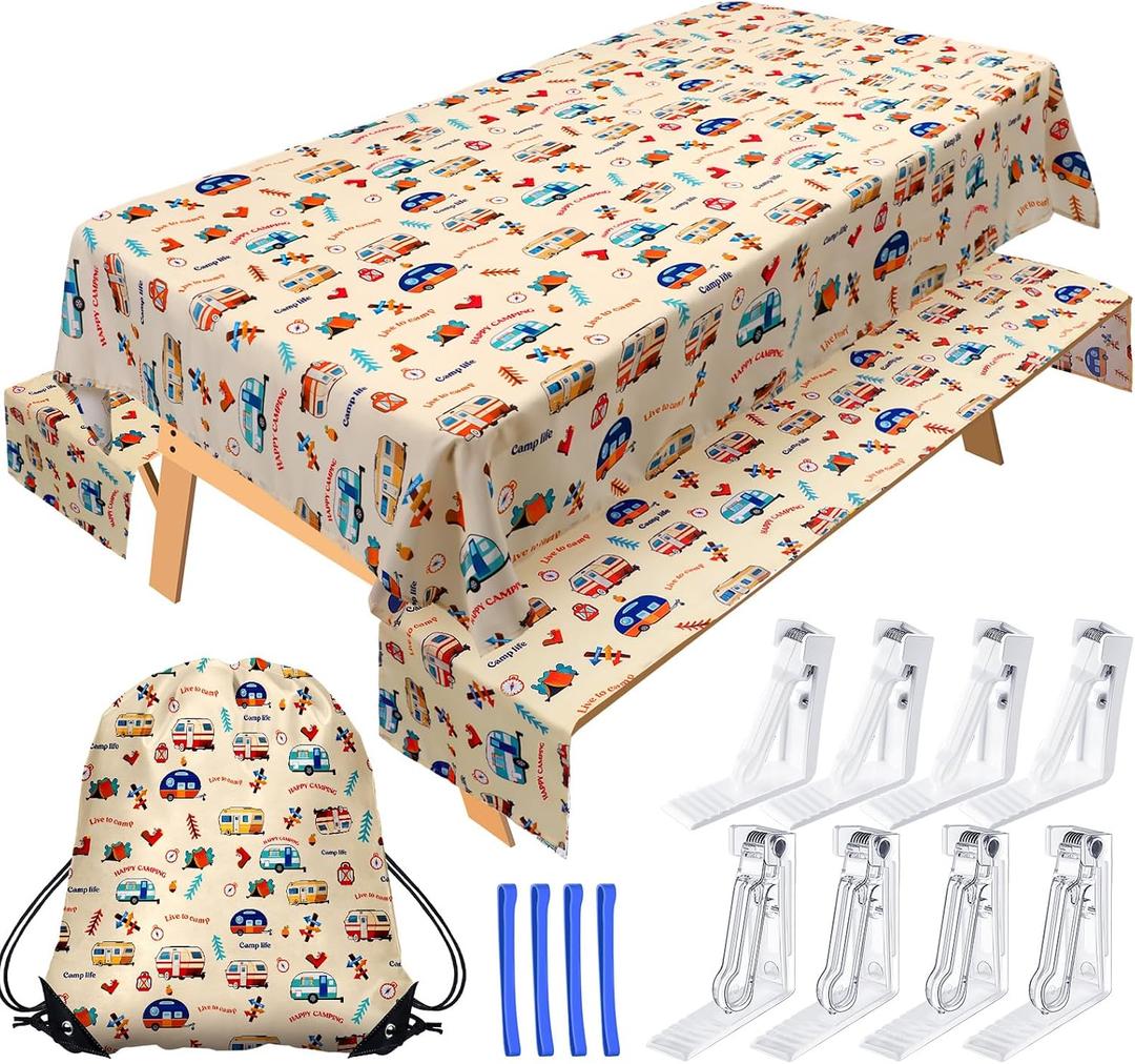 Tudomro Camping Tablecloth with Picnic Bench Covers, Picnic Table Cover Fits 4ft to 7ft Picnic Tables, Washable Reusable Polyester Table Cloth for Camping Included Storage Bag and Clip (Fresh Style), 60 x 83 inches