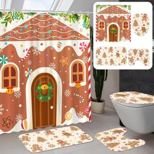 Dunzy 4 Pcs Christmas Shower Curtain Set Christmas Gingerbread House Bathroom Sets with Non-Slip Rugs Toilet Lid Cover and Bath Mat Holiday Gingerbread Candy Bathroom Decor with Hooks