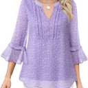 Furnex Womens 3/4 Sleeve Tops Dressy Casual Elegant Blouses V Neck Shirts Floral Double Layered Chiffon Tunic (Purple, XL)