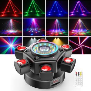 Moving Head DJ Lights 120W 6 Arms 4 in 1 Stage Lights with RGBW Beam,Red Green Starry,Pattern Projection Strobe Effects,Sound Activated DMX512 & Remote for Party Disco Club Wedding Bar