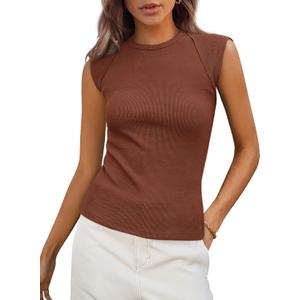 PRETTYGARDEN Women's Ribbed Tank Tops 2025 Summer Cap Sleeve Slim Fitted Knit Basic Casual Tee Shirts Trendy Fashion Clothes (Brown, Small)
