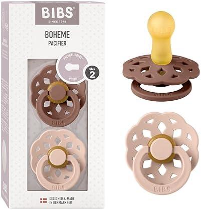 BIBS Pacifiers - Boheme Collection | BPA-Free Baby Pacifier | Made in Denmark | Set of 2 Woodchuck/Blush Color Premium Soothers | Size 6-18 Months