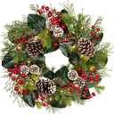 Christmas Wreath 20 Inch Outdoor Artificial Christmas Wreath with Red Berries and Flocked Pine Cones Xmas Wreath for Front Door Winter Holiday Christmas Party Decorations (20" Style#5)