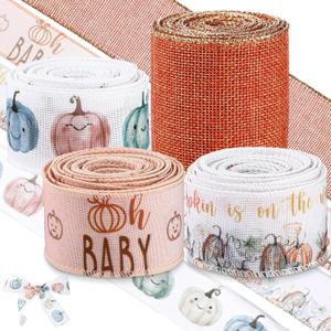 Waydress 4 Rolls Theme Ribbon 2.5 Inch Wired Baby Shower Ribbon for Diaper Cake Wreaths Bows Gift Wrapping DIY Crafts Girl Baby Shower Decoration(A Little Pumpkin,Orange-Brown)