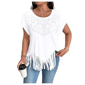SHENHE Women's Plus Size Tops Fringe Rhinestone Cowgirl Short Sleeve Crew Neck Shirts Casual Soft Blouse White 4X-Large Plus
