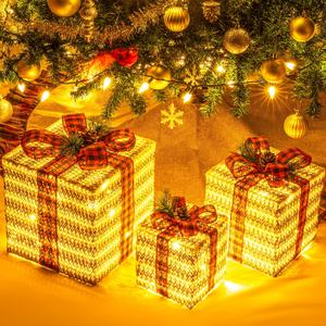 Sunnyglade 10"-8"-6" Set of 3 Christmas Lighted Gift Boxes Decoration Boxes with Plug, Bows, Artificial Pine Leaves and Pine Cones for Christmas, Weddings Yard Home Holiday Art Decoration