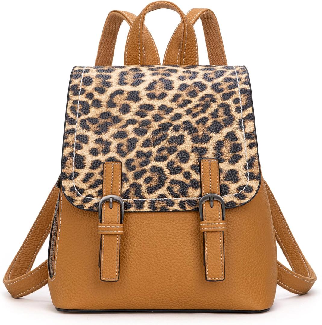 Montana West Brown Leopard Print Small Womens Backpack Purse Vegan Leather Colorblock Mini Backpack for Women Cute Convertible Shoulder Bag