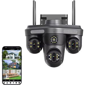 4MP Pan/Tilt Security Camera Triangle 3 Lens Camera Outdoor WiFi, Auto Tracking, Human Detection, Light Alarm, Color Night Vision,Zoom 10X, 2.4G WiFi,SD Card Slot