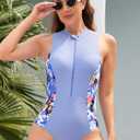 SHEKINI Women's Racer Back Zip Removable Bust Pads Bathing Suit Rash Guards Sleeveless One Piece Swimsuits(Glacial Blue Print, Small) (S)