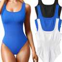 OQQ Women's 3 Piece Bodysuits Sexy Ribbed Sleeveless Square Neck Tank Tops Leotard 2025 Trendy Outfits (Black Blue White), Size: L