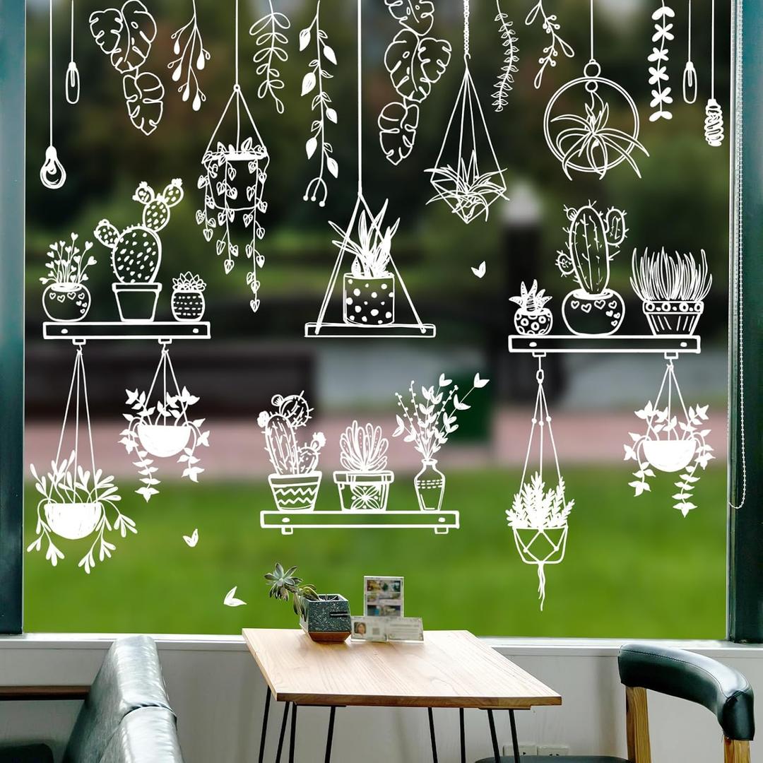 JarThenaAMC 37Pcs Potted Plant Window Clings Spring Summer Window Stickers White Cactus Succulent Double-Sided Glass Decals for Home Classroom Office Party Decor, 9 Sheets