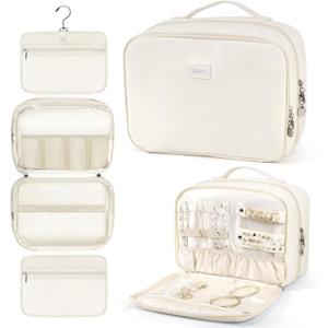 YOPCDJ PU Leather Waterproof Travel Toiletry Bag with Jewelry Organizer, Hanging Travel Bag for Toiletries,Cosmetic Bags for Women Toiletries Organizer with 4 Compartments Portable Travel Essentials (white)