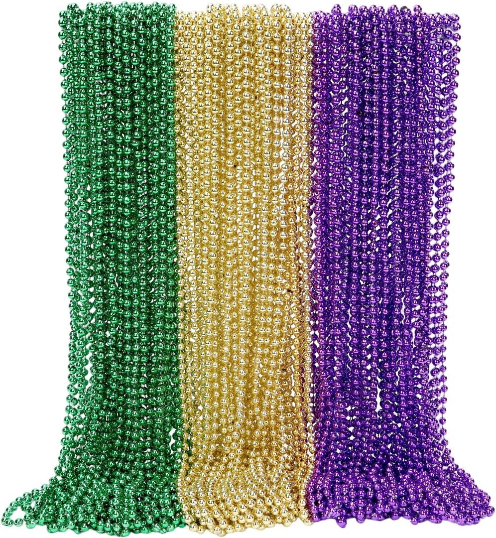 150 Pack 33" Gold Purple Green Mardi Gras Plastic Beaded Necklaces - Bulk Party Favors for Parade Throws, Costume Accessories, Graduation, Summer Festivals & Daily Decor