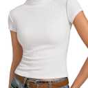 Womens Cap Sleeve Tops, Mock Neck Short Sleeve White Shirts, Ribbed Raw Hem Y2K Going Out Crop Top, Trendy Fitted Tee Shirt (White, L)