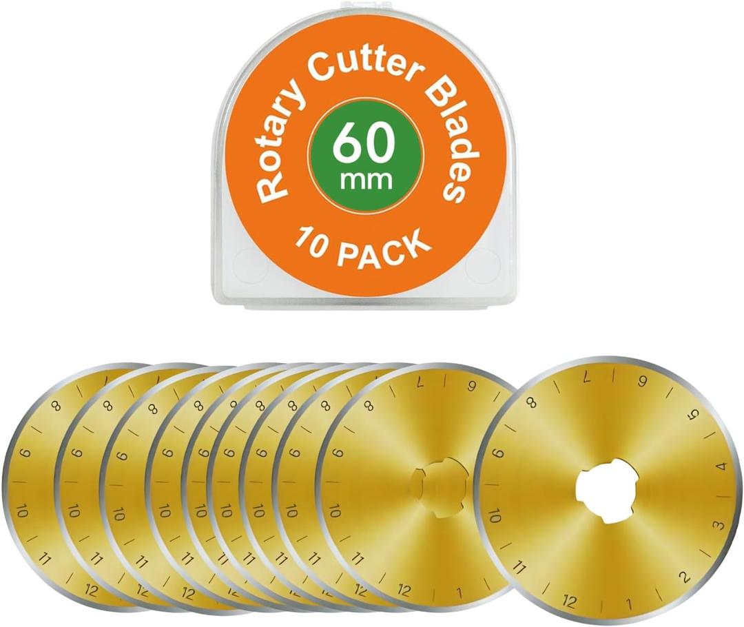 60mm Rotary Cutter Blades 10 Pack Titanium Coated SKS-7 Steel, Sharp Durable Replacement Blades for Quilting, Sewing, Heavy Fabric Cutting, Fits Olfa, Fiskars