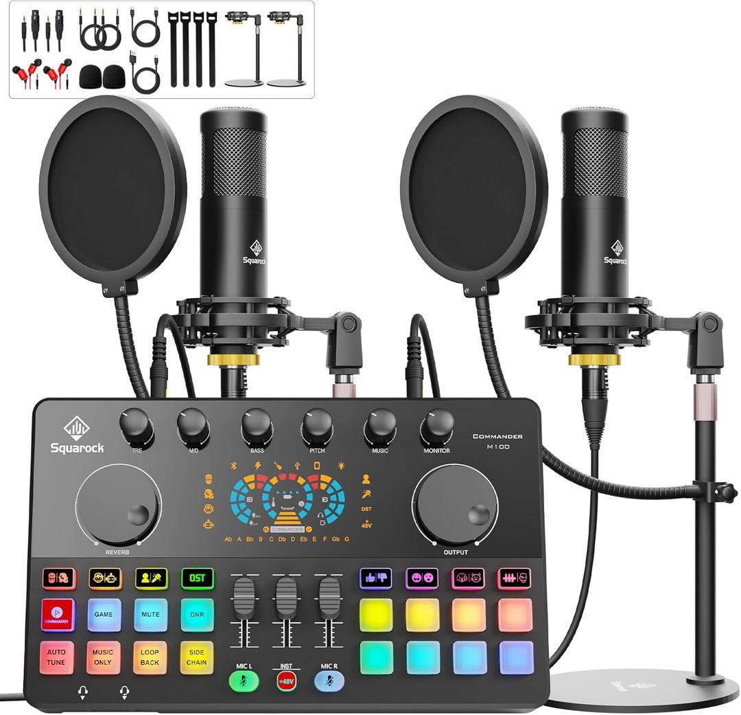 Podcast Equipment Bundle for 2 with Dual XLR3.5 Condenser Micophones with Mic Pop Filters Audio Equipment for Live Streaming/Recording, Online Gaming for Phone/Laptop/PC Audio Interface M100