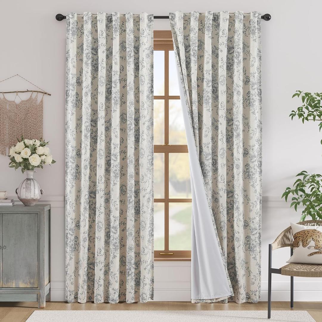 jinchan Blackout Linen Blend Curtains Gray Floral Curtain for Living Room 90 Inch Length Grey Printed Curtain with Lined Blackout Curtains for Bedroom Farmhouse Curtains Set 2 Panels, 50"W x 90"L
