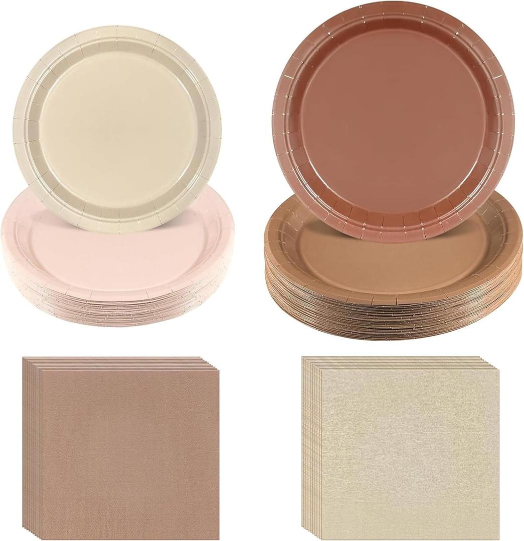 180Pcs Brown Paper Plates Party Supplies Boho Paper Plates and Napkins Serve 60 Disposable Tableware Set for Birthday Party Decorations Game Day Family Holiday Sports Events